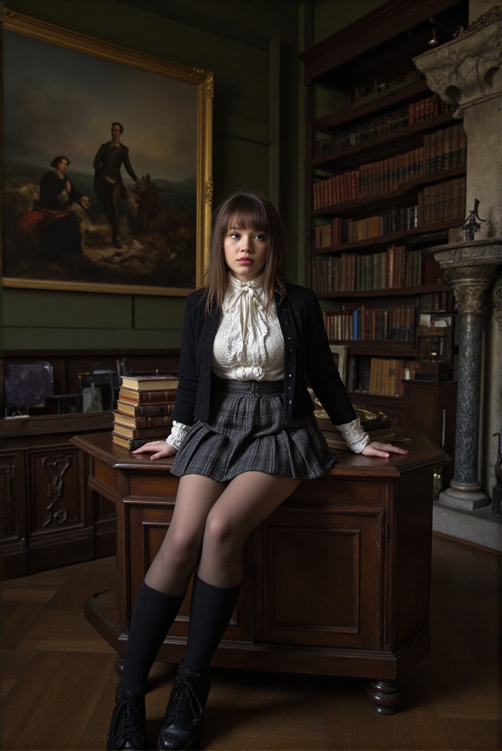 capturing a woman with wispy bangs looking directly forward while perched on the edge of a vintage,  dark wooden cabinet....