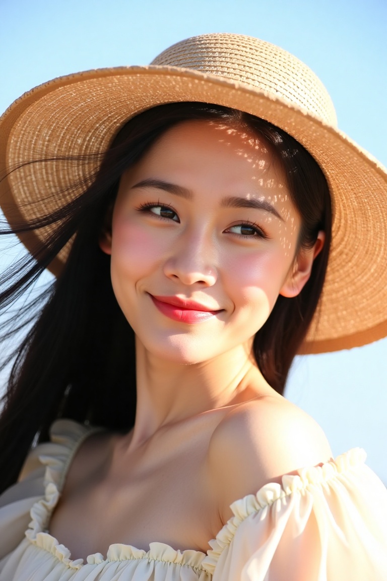 Bright summer portrait with a natural,  joyful atmosphere. A young Asian woman with long dark hair smiles at the camera,...
