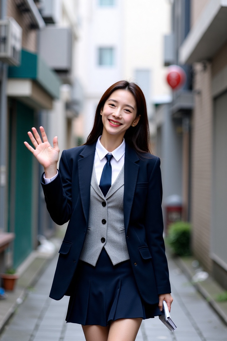 Professional photography,  medium half-body thigh-up shot of a beautiful female university student walking casually throug...