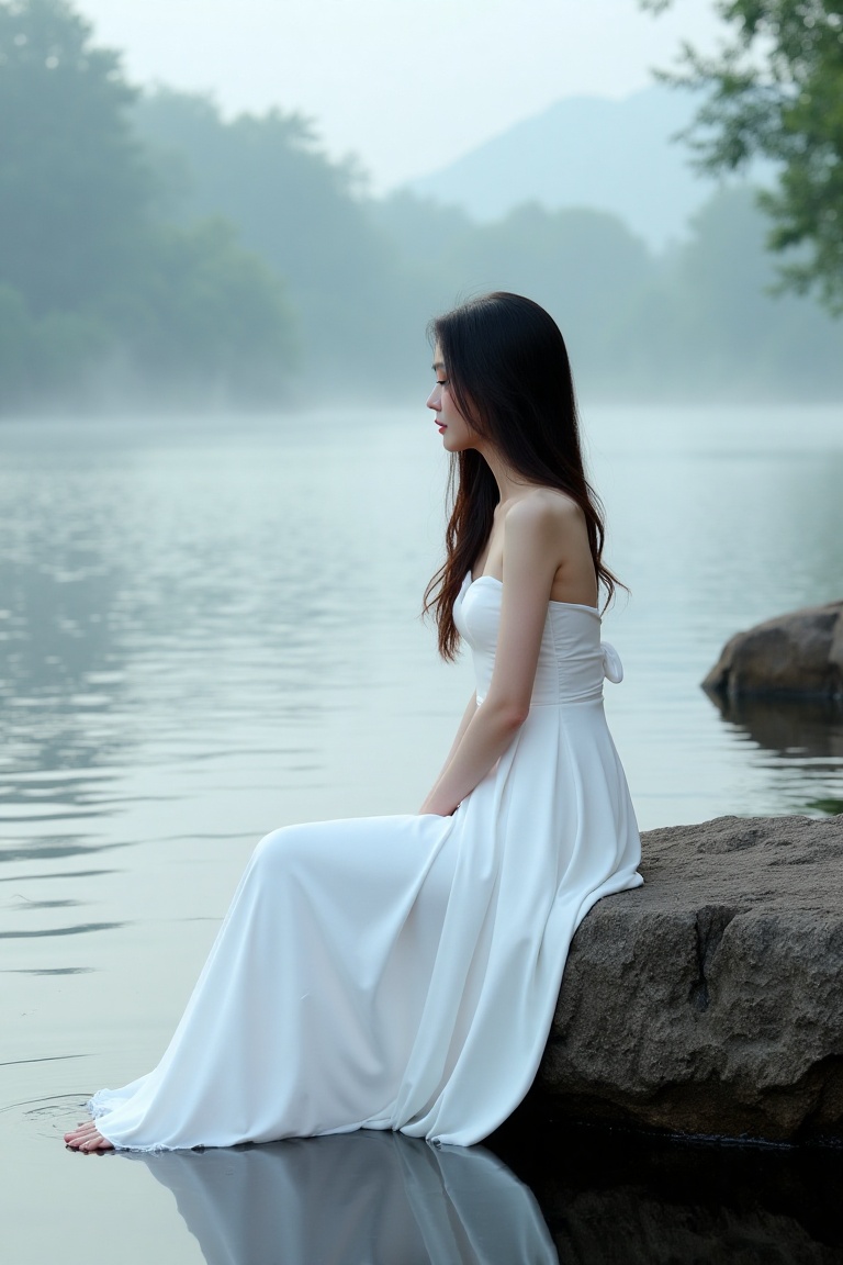 Asian woman dressed in a white dress,  sitting on a rock by the river,  her hair hanging freely. Panoramic composition on...