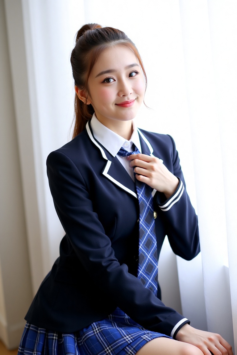 Photograph of a young woman dressed in a school uniform,  positioned indoors near a window with white curtains allowing so...