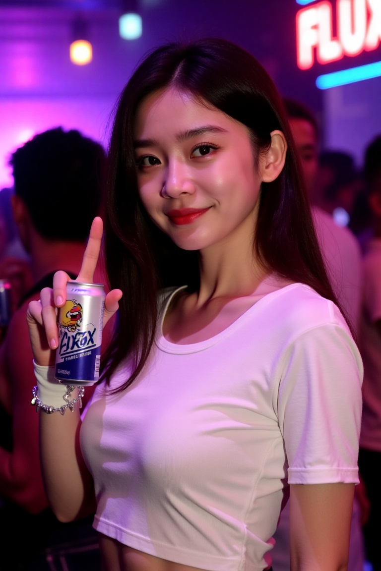 An 18-year-old Asian girl wearing a white tight-fitting short-sleeved T-shirt,  holding a can of beverage with the word FL...
