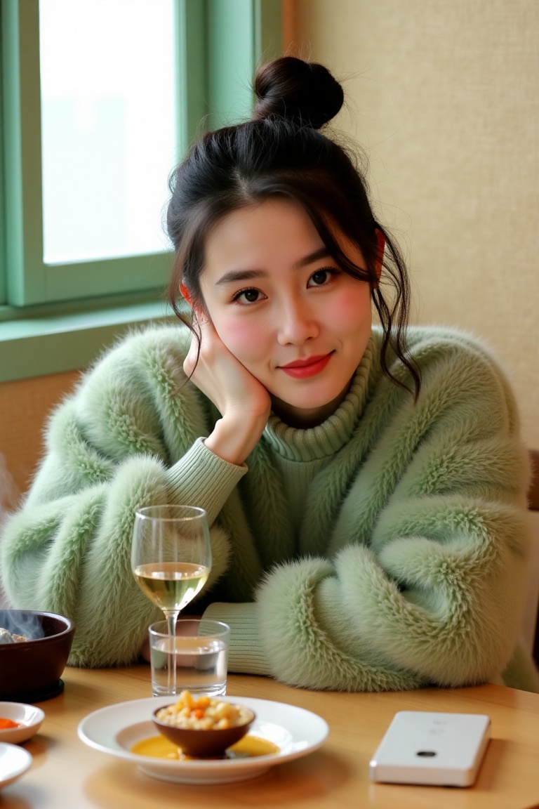 Photograph of a young woman in a cozy indoor setting. She has long dark hair tied up in a slightly messy bun and wears a f...
