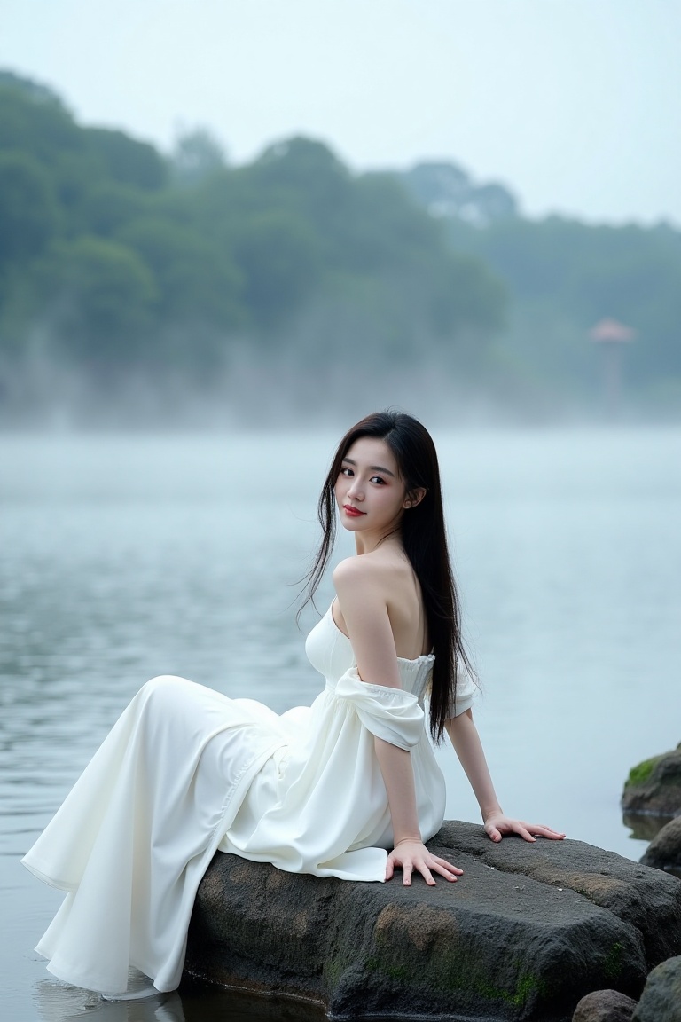 Asian woman dressed in a white dress,  sitting on a rock by the river,  her hair hanging freely. Panoramic composition on...