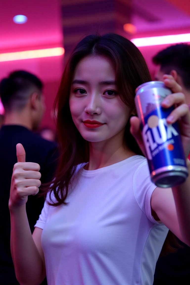 An 18-year-old Asian girl wearing a white tight-fitting short-sleeved T-shirt,  holding a can of beverage with the word FL...
