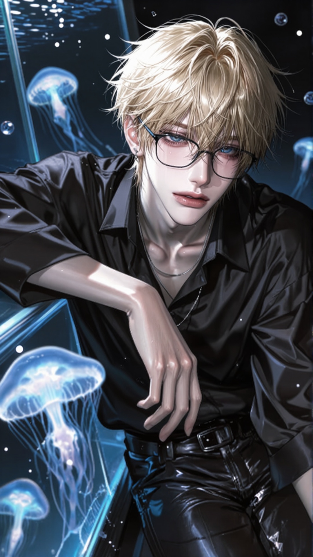 character: ((aquarium tunnel background,  deep blue lighting)) ((1man,  male on Tensor.Art