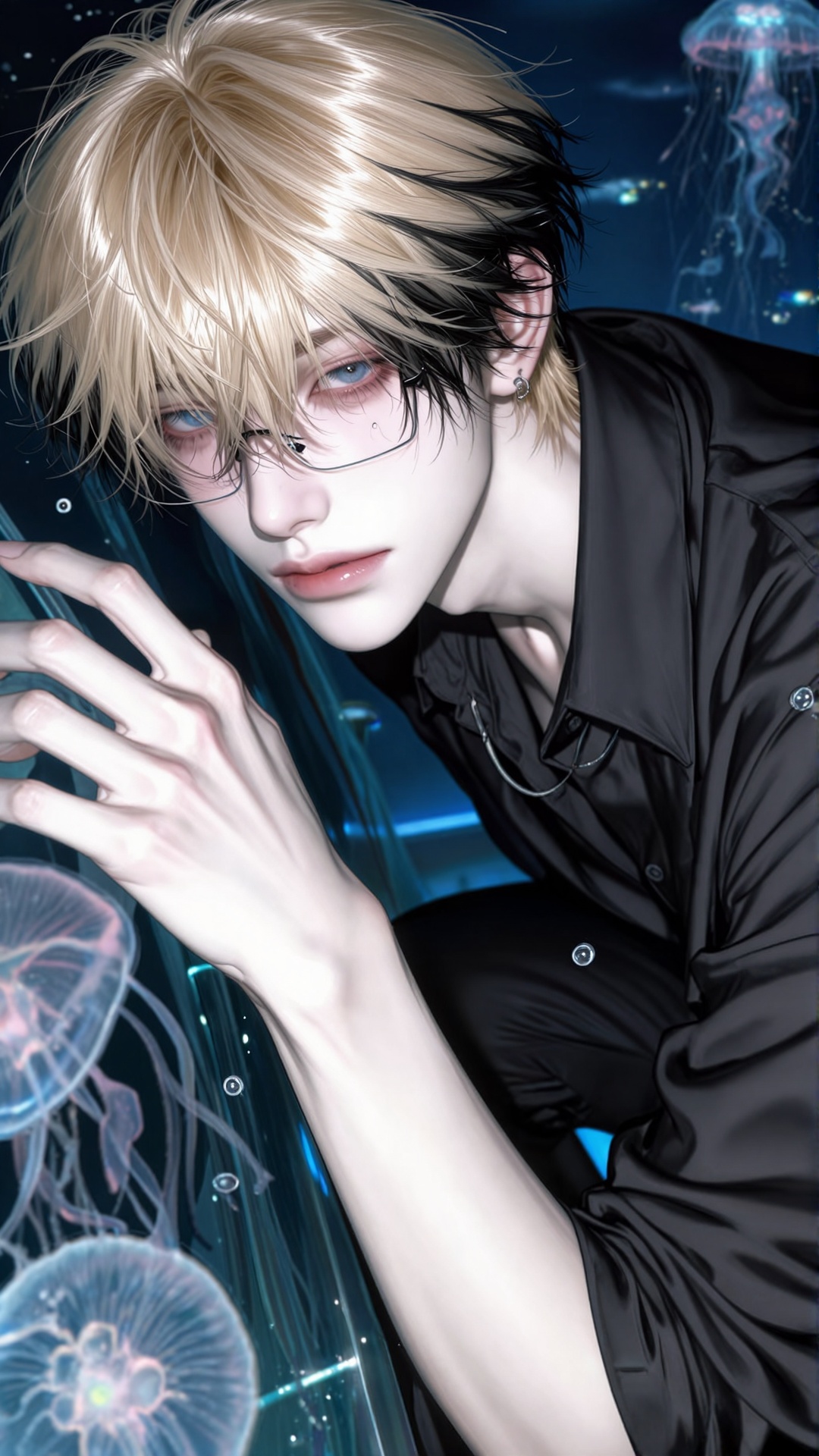 character: ((aquarium tunnel background,  deep blue lighting)) ((1man,  male on Tensor.Art
