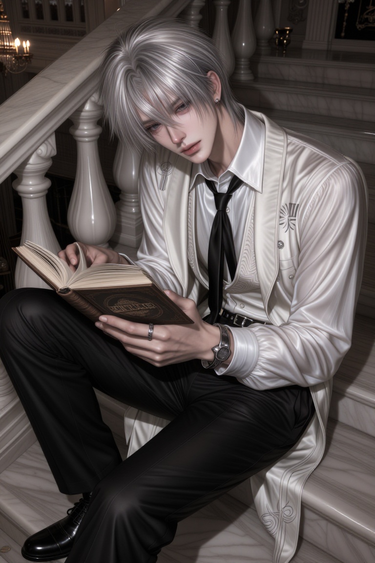 Luxury fashion editorial,  elegant aristocratic young man sitting on a marble staircase,  one knee raised on Tensor.Art