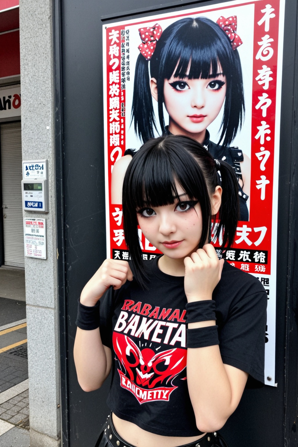 Photograph of an emo woman on a street posing in front of a "babymetal" concert poster,  posing in a kawaii style. on Tens...