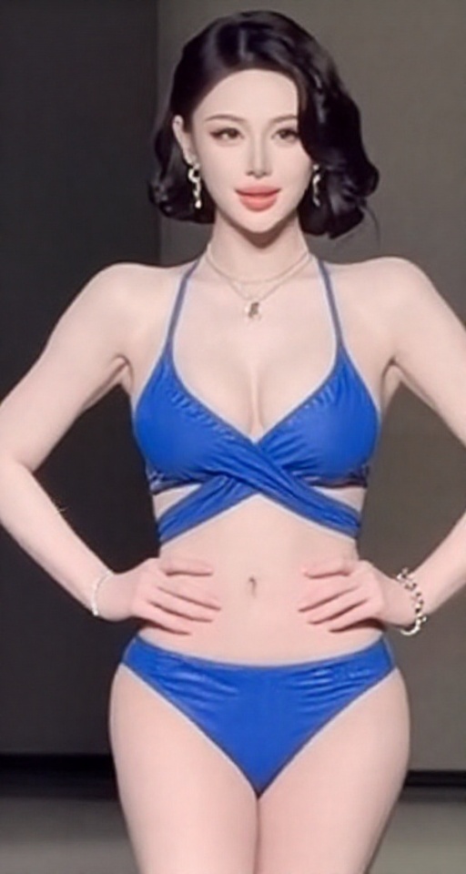 A solo girl with medium-sized breasts and short,  black hair stands in a swimsuit,  her blue bikini barely concealing her...