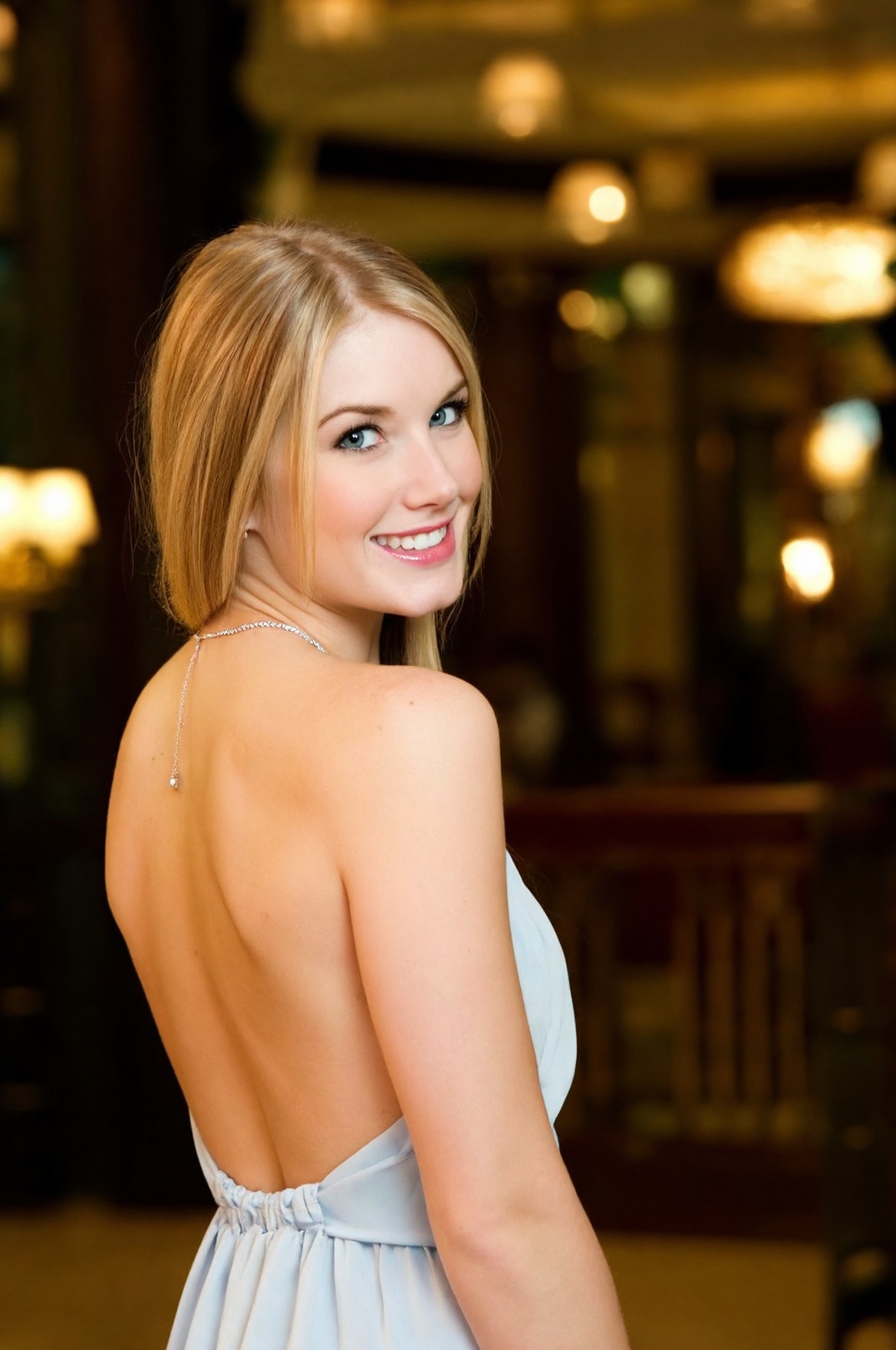 SUBJECT: wpJ33l,  soft smile,  blonde CLOTHING: backless dress ACCESSORIES: subtle necklace POSE: looking back over her sh...
