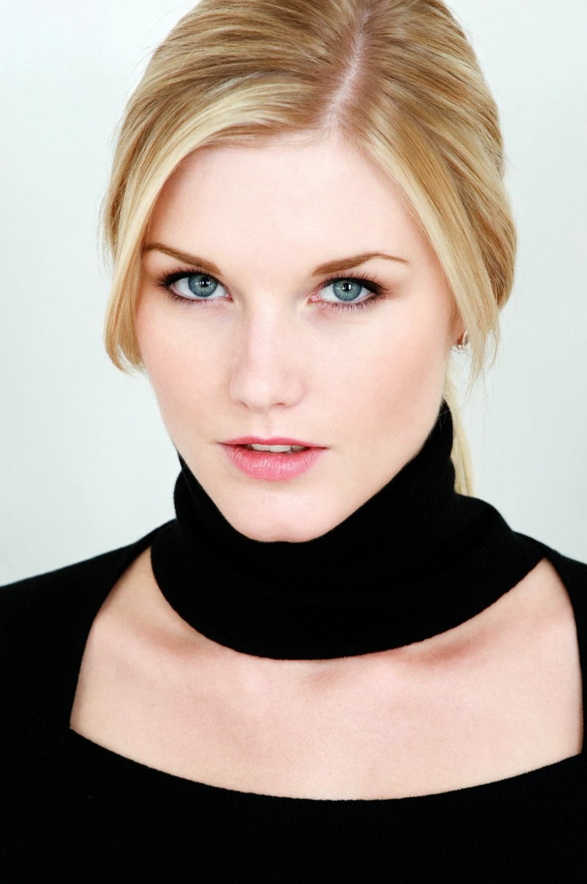 SUBJECT: wpJ33l,  blonde supermodel with striking cheekbones and captivating eyes CLOTHING: minimalist black turtleneck AC...