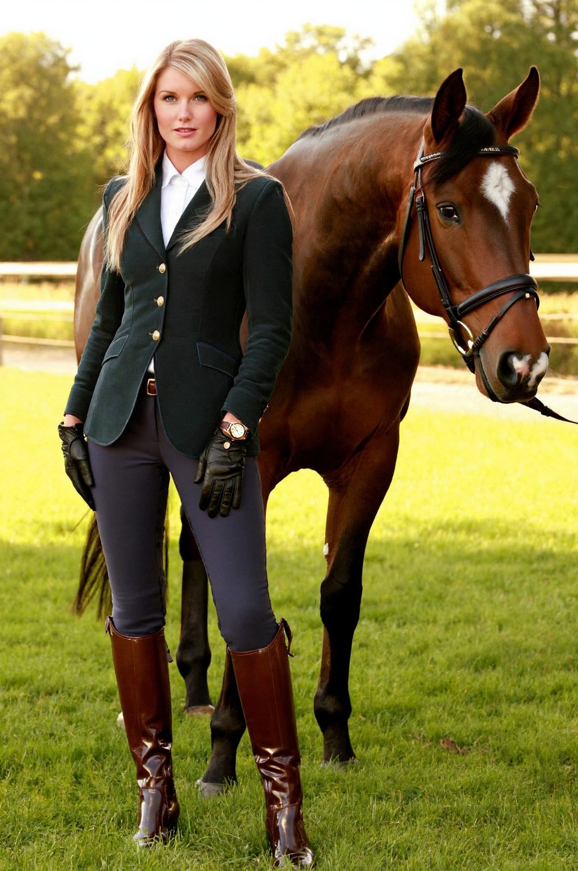 SUBJECT: wpJ33l,  elegant blonde woman with long flowing hair CLOTHING: tailored riding jacket,  fitted trousers on Tensor...
