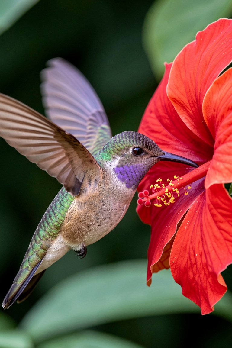 A macro photograph of a vivid violet-green hummingbird in mid-hover,  its wings creating a near-invisible blur,  as it fee...