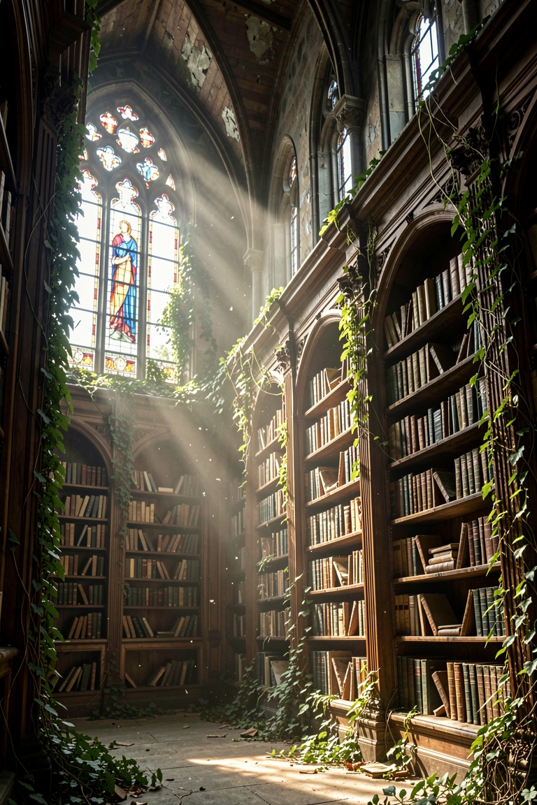 An ultra-realistic architectural photograph of a grand,  abandoned gothic library slowly being reclaimed by nature. Thick...