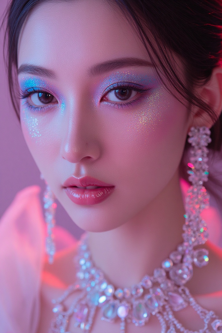 Potret glamor holografik yang memesona,  kecantikan fantasi ultra mewah,  editorial on Tensor.Art