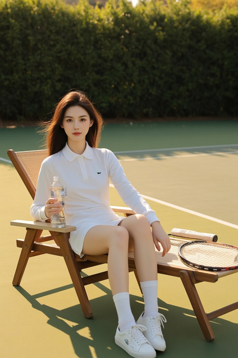 A sophisticated young woman sitting gracefully on a vintage wooden lounge chair with beige woven upholstery at a private t...