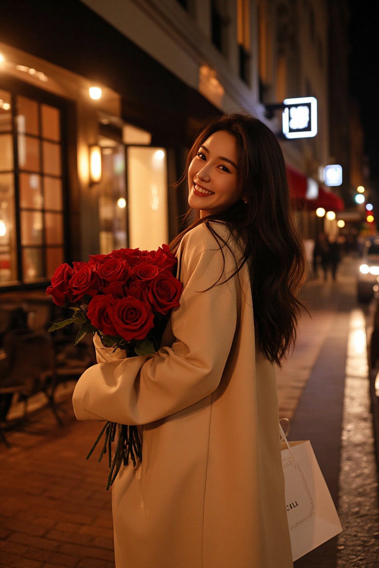 A stunning,  candid night-time street style photo of a radiant young woman in a chic beige oversized trench coat,  walking...