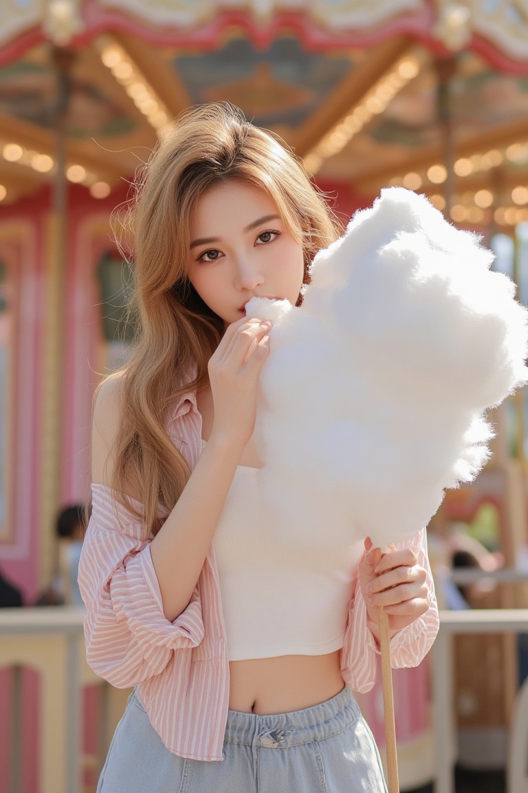Medium shot of a girl holding a large wad of fluffy cotton candy on a stick,  tears off a piece,  and brings it to her lip...