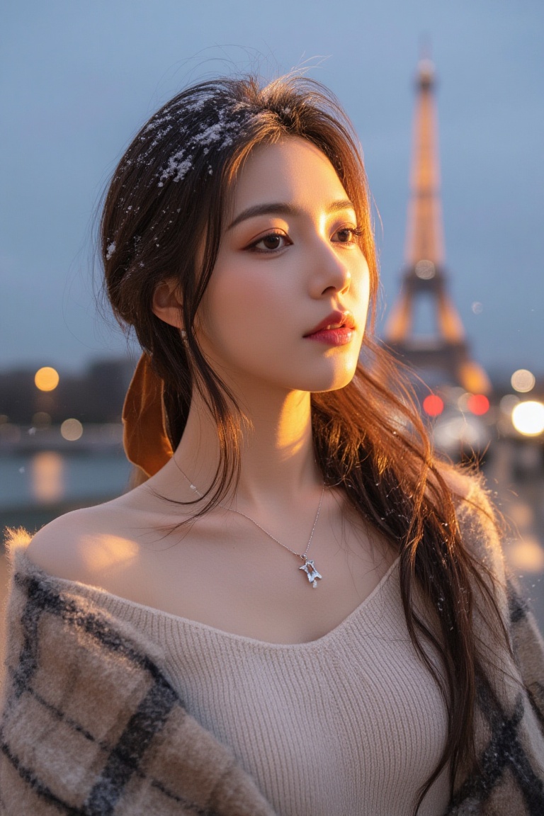 Hyperrealiste photograph,  waist-up portrait of a woman on Pont de Bir-Hakeim during a winter afternoon. Soft,  warm golde...