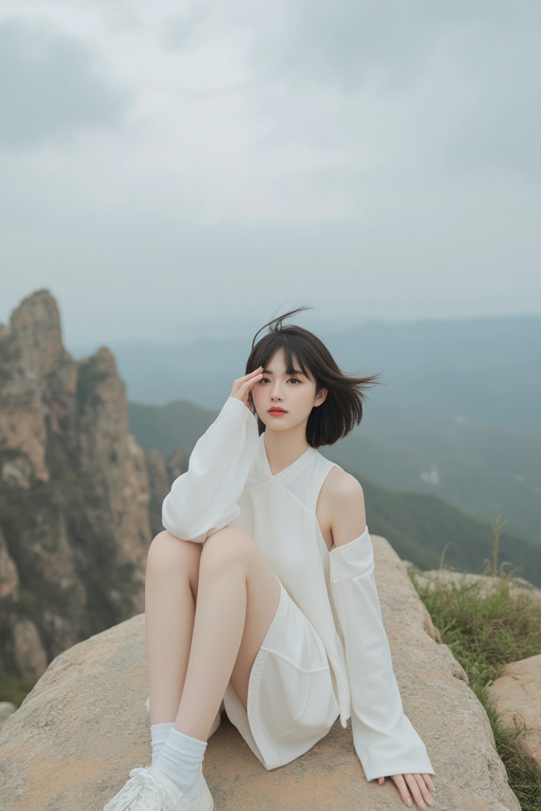 Waist-length photo of a girl sitting on a large stone slab on a mountaintop,  legs bent and slightly crossed,  body in sli...
