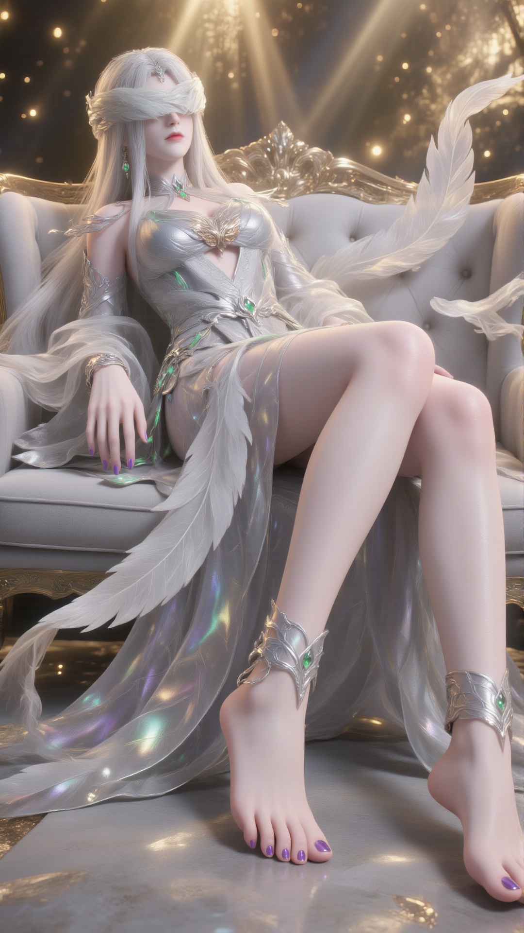 This digital artwork depicts an ethereal,  blindfolded woman sitting elegantly on a soft and fluffy sofa,  with her slende...