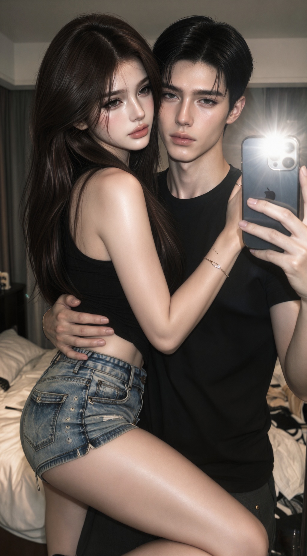 cinematic couple mirror selfie,  attractive youthful couple,  soft model-like facial features on Tensor.Art