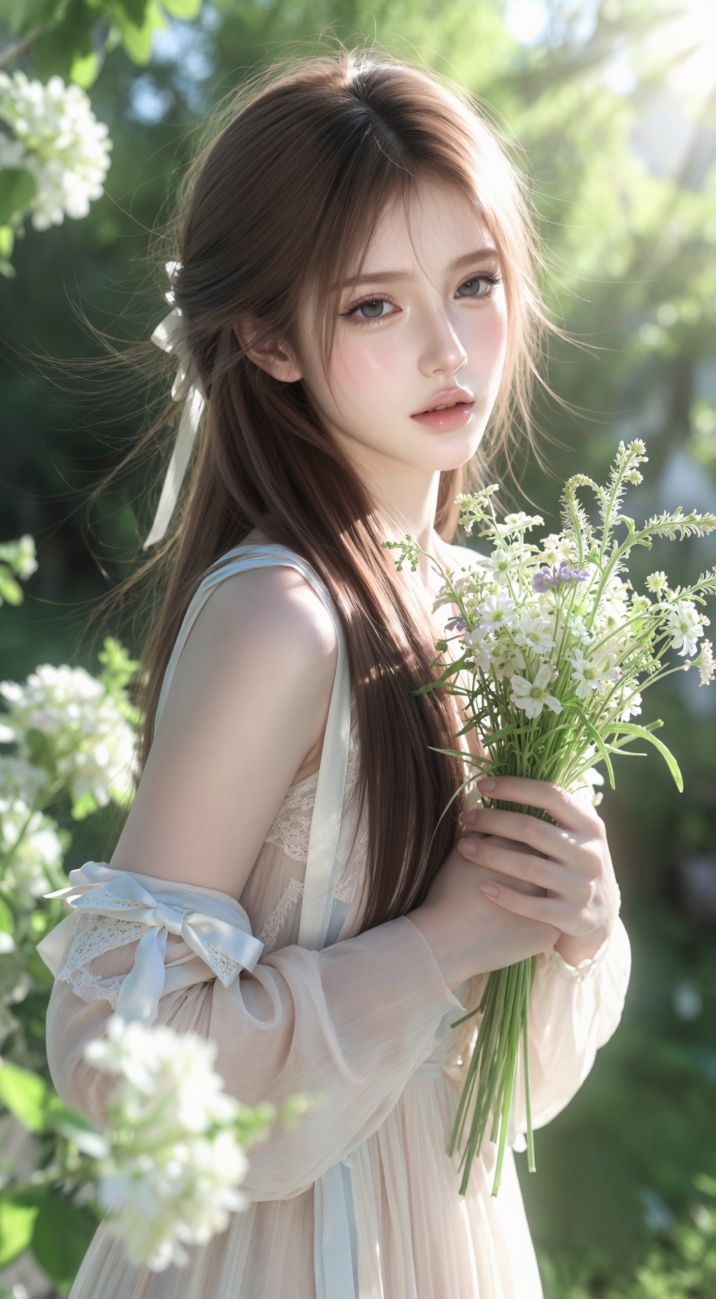 dreamy garden portrait,  beautiful young woman,  soft innocent expression on Tensor.Art