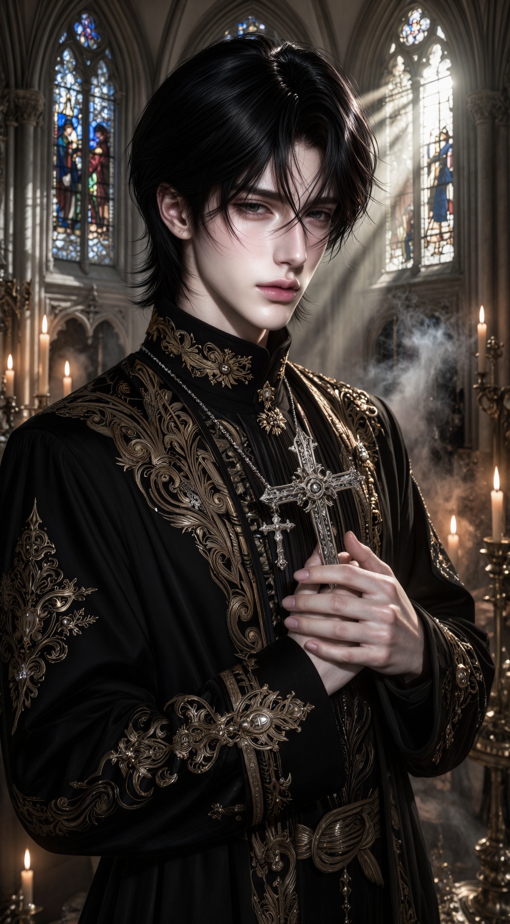 cinematic gothic christian portrait,  beautiful young man,  delicate masculine facial features on Tensor.Art