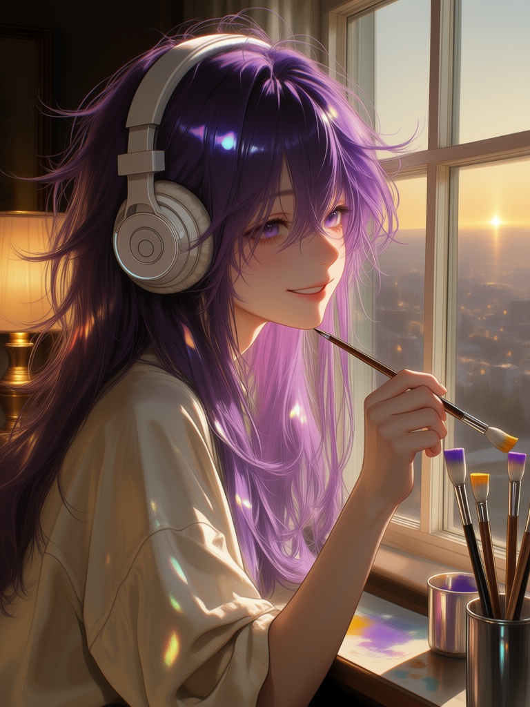 Elegant anime artist woman with messy long purple hair,  wearing wireless headphones,  medium shot slightly from the side...