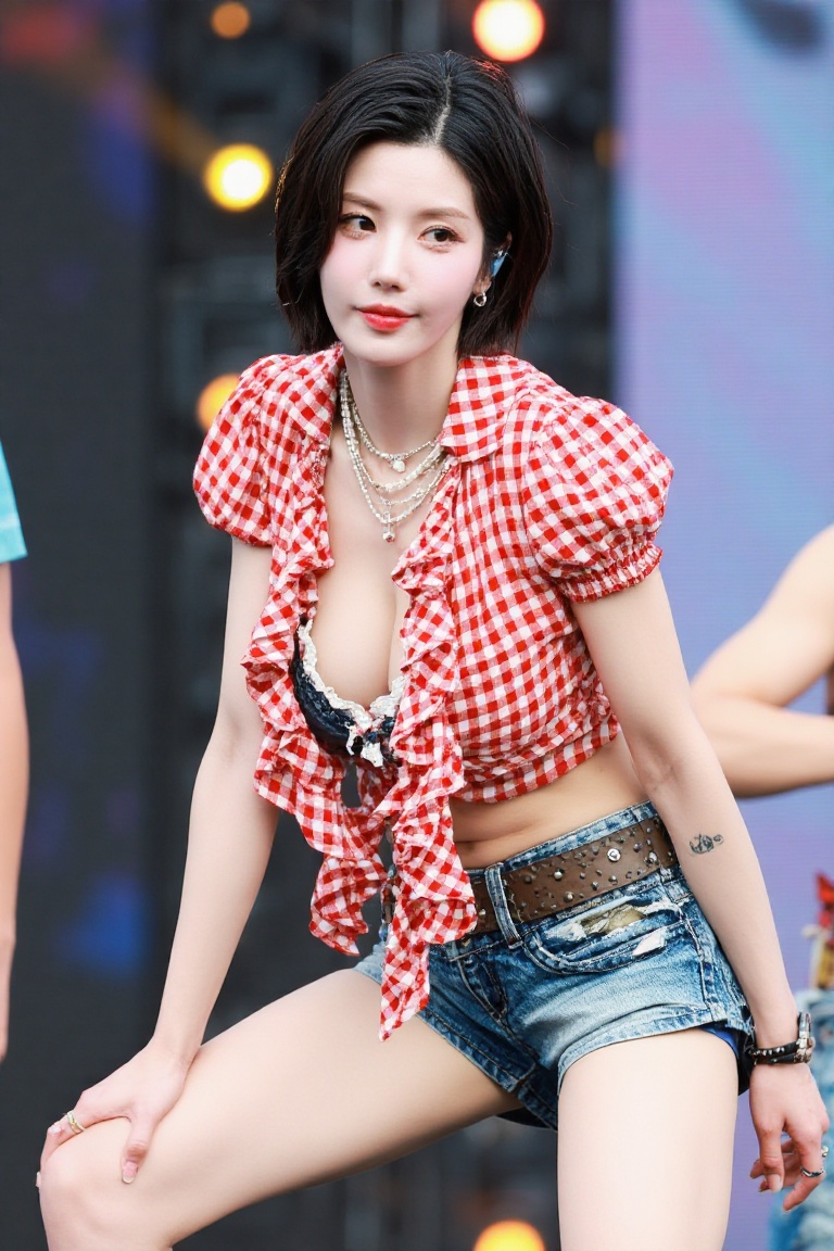 The woman in the image has short dark hair and is wearing a checkered red and white blouse with ruffled sleeves,  paired w...