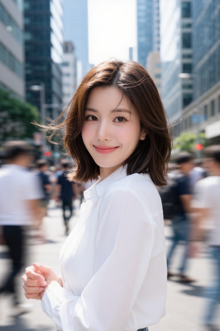 A portrait of a young woman outdoors,  shown in a half-body composition against a bustling city street with motion-blurred...