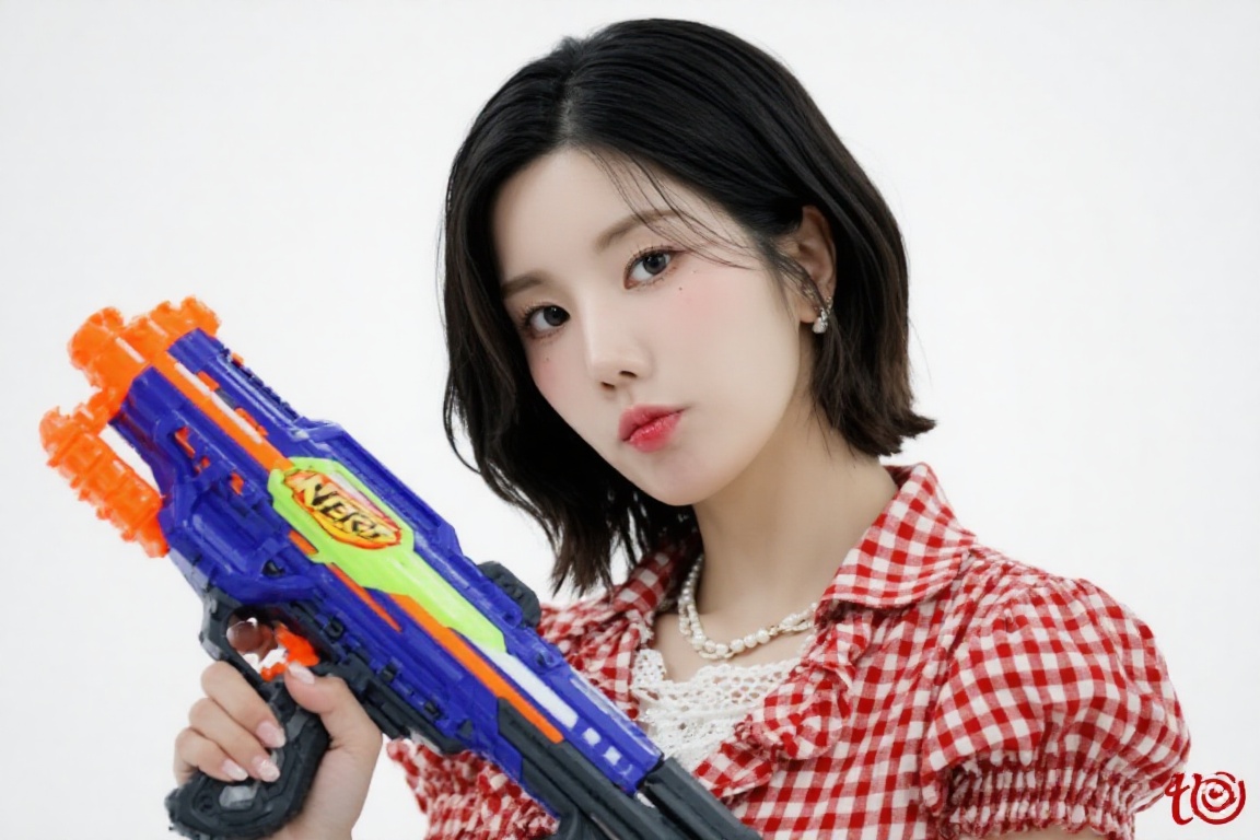 The woman in the image is holding a colorful Nerf gun,  dressed in a red and white checkered blouse with ruffled sleeves a...
