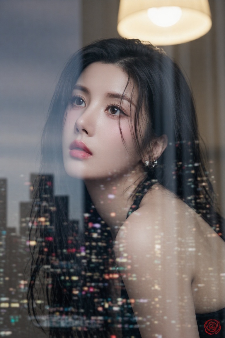 Award-winning color photo of a beautiful girl,  up close to a reflective window,  looking out at a beautiful cityscape whi...