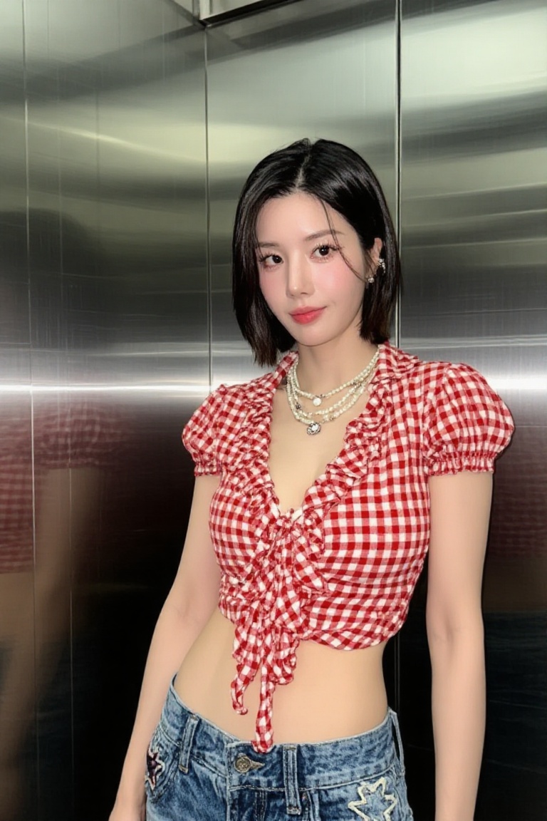 The woman in the image is wearing a red and white checkered crop top with ruffled edges and a bow at the front. She has a...