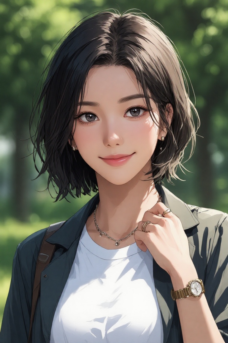 Professional editorial portrait illustration taken during an outdoor photoshoot in a park. Captured with a full-frame came...