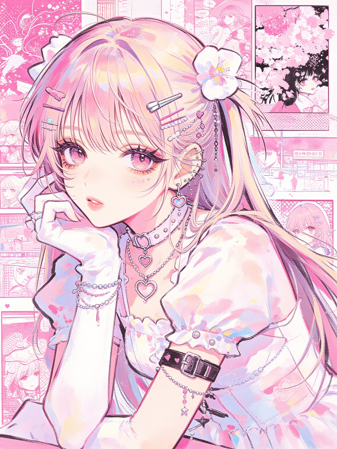 Sweet Japanese Anime Illustration,  粉发粉眸少女托腮,  佩戴精致发夹与心形项圈。身着碎花白裙 on Tensor.Art