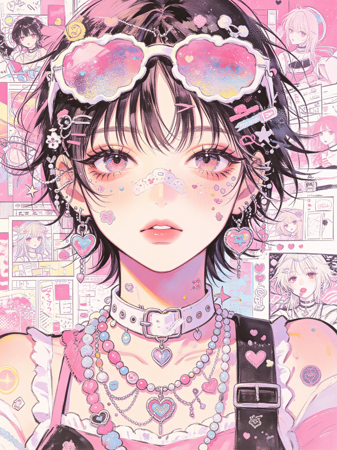 Sweet Japanese Anime Illustration,  短发少女戴云朵墨镜,  面贴彩色亮片。佩戴繁复爱心饰品、串珠项链与项圈。背景点缀漫画分镜 on Tensor.Art