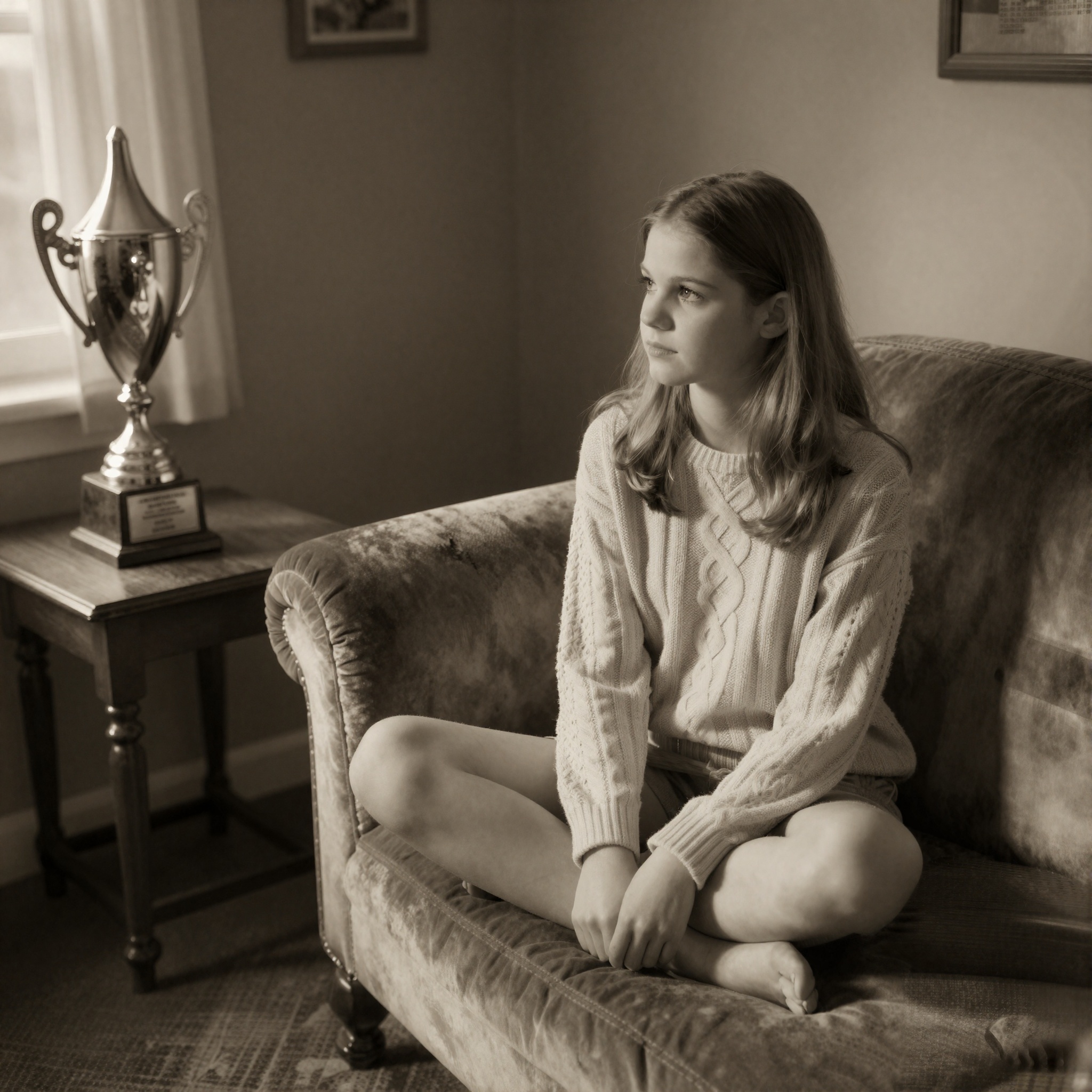 A nineteen-year-old girl with a soft,  innocent demeanor sits cross-legged on a plush velvet sofa in a sun-drenched,  mono...