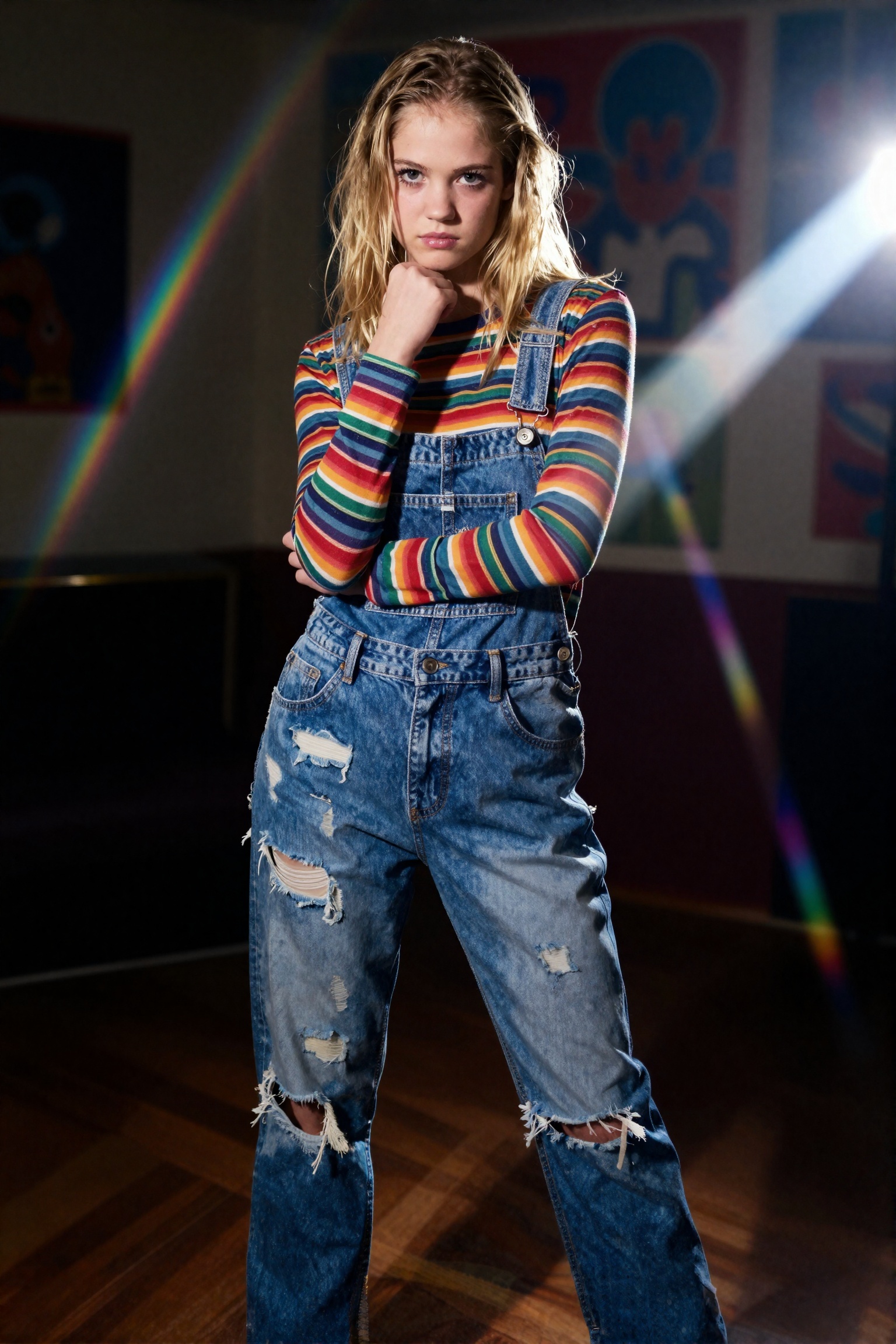 A hyper-detailed full-body shot of a striking 19-year-old blonde girl with hair clinging heavily to her shoulders,  visibl...