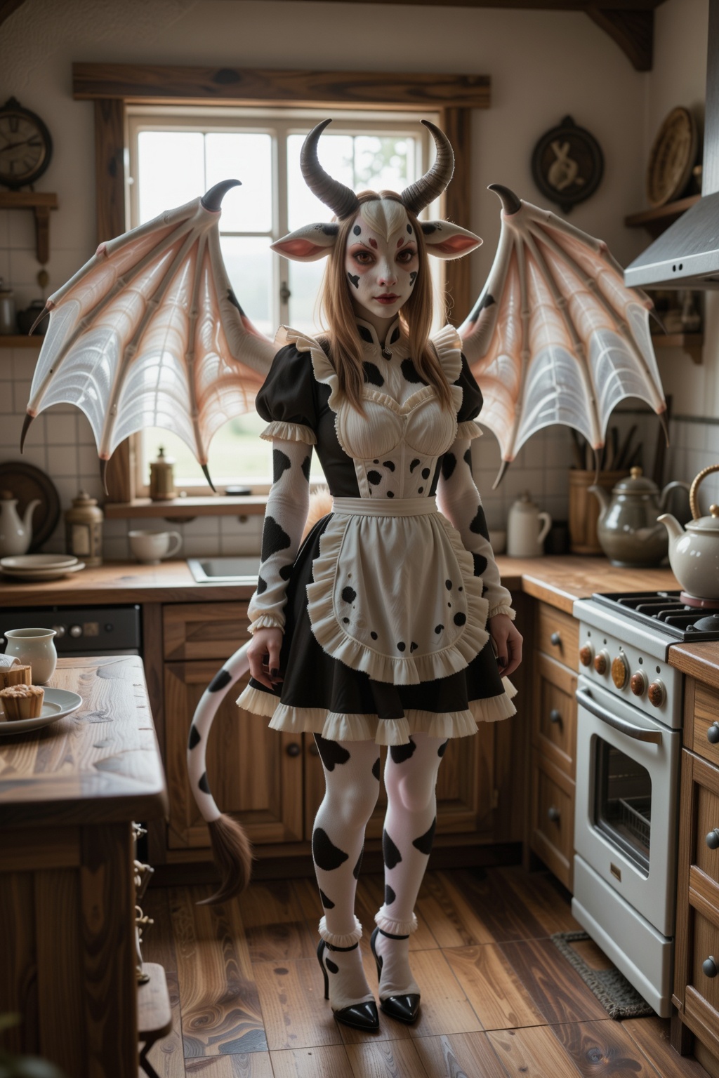 Create a scene where Bovara,  dressed in a maid dress,  stands inside a rustic kitchen. The kitchen is adorned with natura...