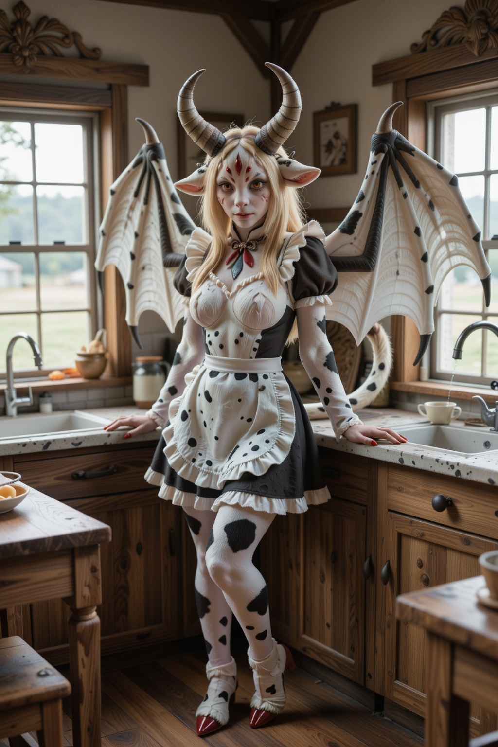 Create a scene where Gyumi,  dressed in a maid dress,  stands inside a rustic kitchen. The kitchen is adorned with natural...