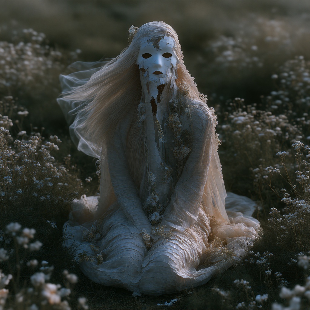 a lone figure kneeling in a blooming flower field,  centered composition,  wearing a fully covered mask on Tensor.Art