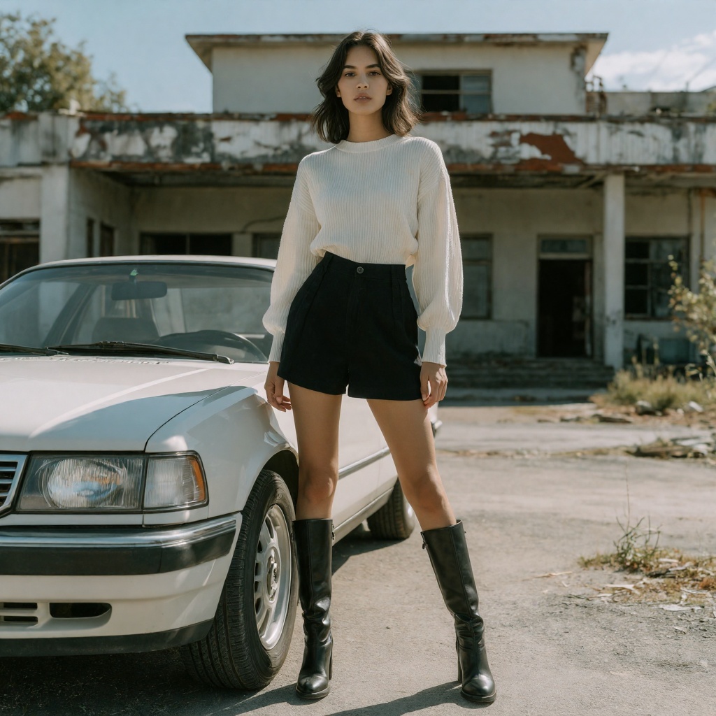 A stylish woman stands confidently next to a parked car at an abandoned,  run-down club at midday. Strong sunlight casts s...