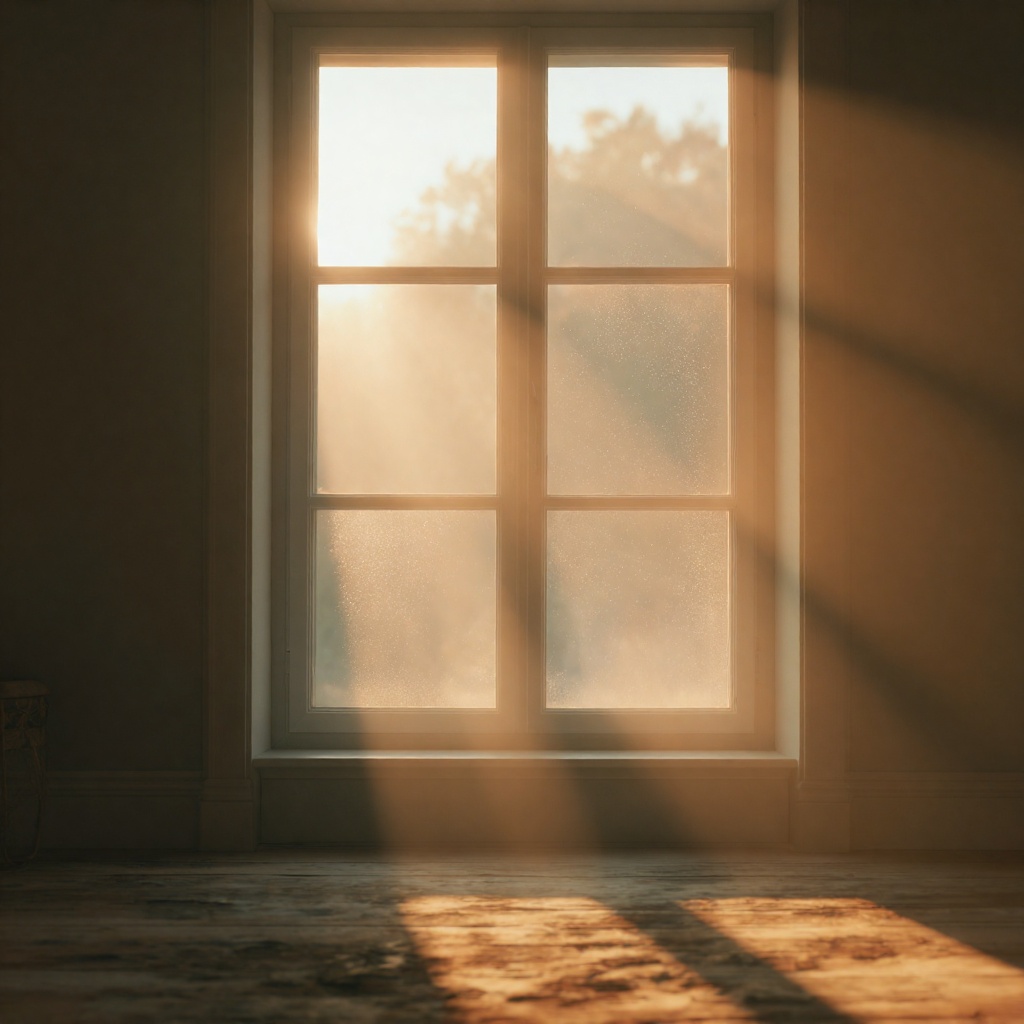 Warm morning sunlight streams down through a window,  filling the room with a soft golden glow. Visible sun rays shine thr...