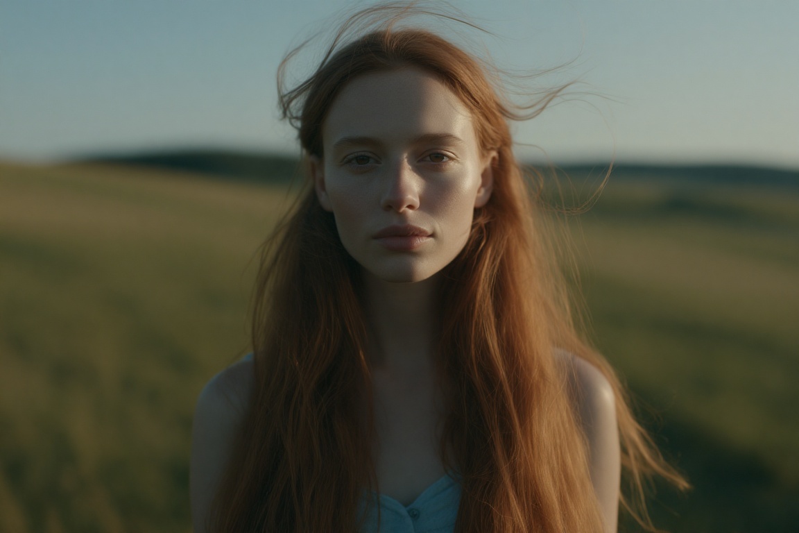 A frontal portrait of a beautiful red haired woman standing in an open field in the afternoon,  soft natural light,  summe...