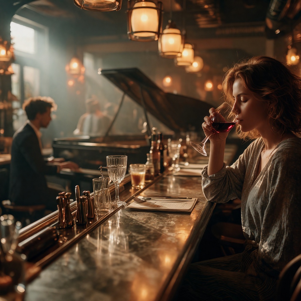 a view of a smokey bar room with a baby grand piano in the back with a singer playing the piano. the bar runs the length o...