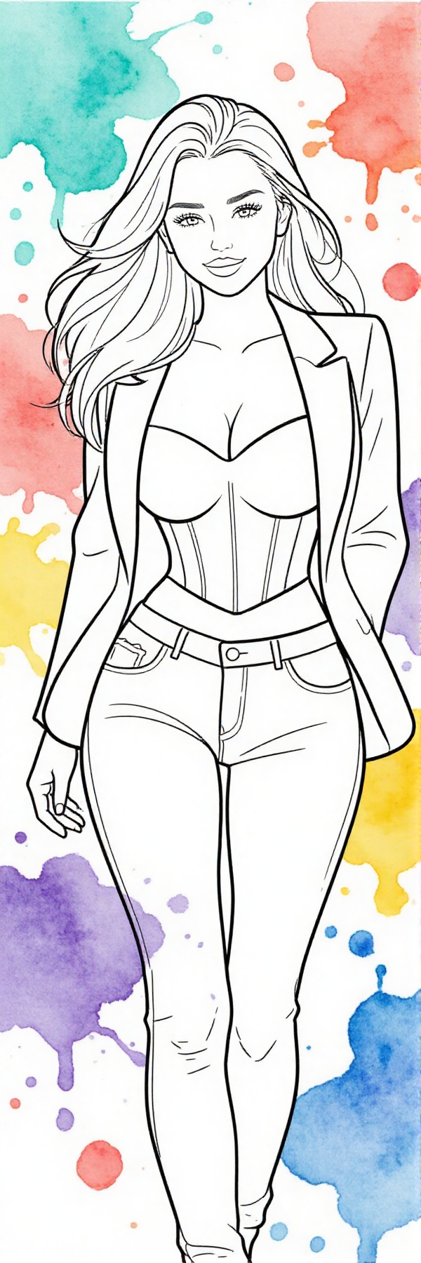 The image depicts a clean,  coloring book–style line illustration of a young woman with long,  flowing hair seen from abov...