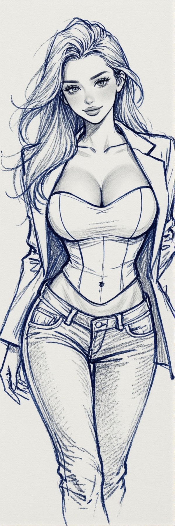 The image depicts a realistic anime-inspired sketch of a young woman with long,  flowing hair,  shown from above the knees...