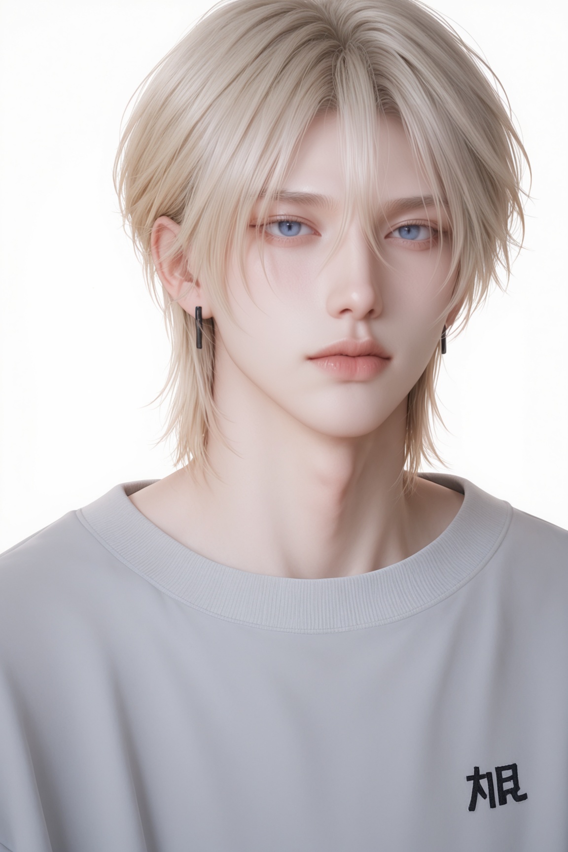 handsome anime-style young man,  fluffy golden blonde layered hair,  bright sapphire blue eyes on Tensor.Art